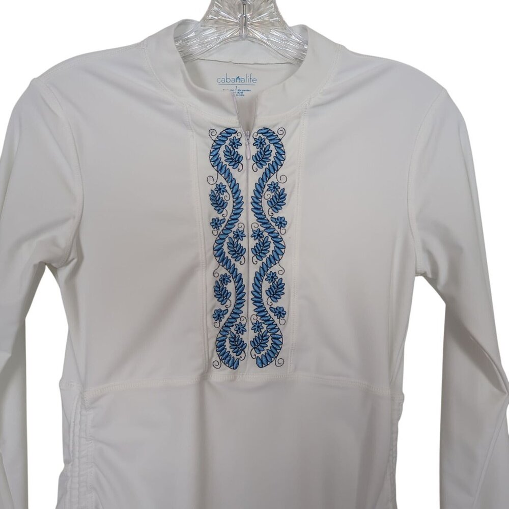 Cabana Life Womens Top sz S White Blue‎ Embroidered convertible ruched rashguard - Picture 3 of 13